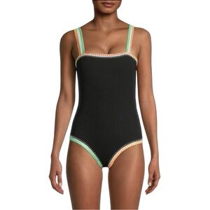 NWOT ~ Platinum Swimwear One Piece Black Swimsuit w/ Bright Crochet Trim ~ M